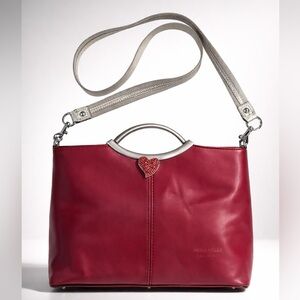 Vera Pelle Rouge Leather Shoulder Bag/Clutch, Silver handles&strap, heart brooch